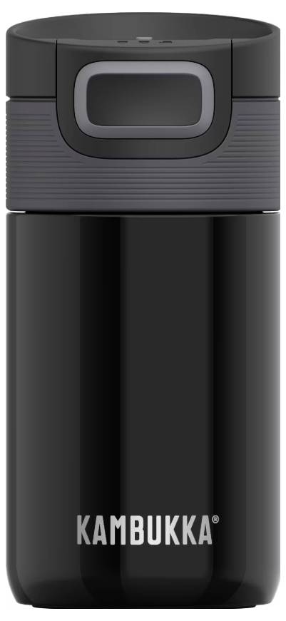 Black Kambukka travel mug with a sleek design and gray lid, suitable for hot and cold beverages.