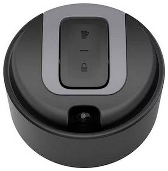 'Top view of a cylindrical black smart coffee machine lid with a central button panel featuring icons for brewing and locking functions.'