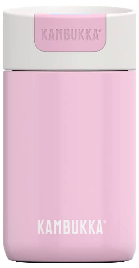 A pink Kambukka insulated travel mug with a white lid, designed for hot and cold beverages, shown upright against a plain background.