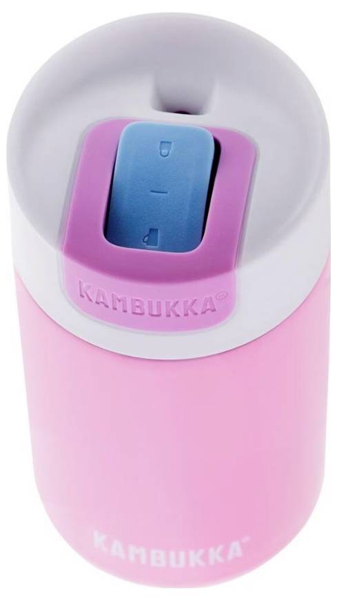 A pink and white Kambukka travel mug with a blue button on the lid, designed for easy drinking access.