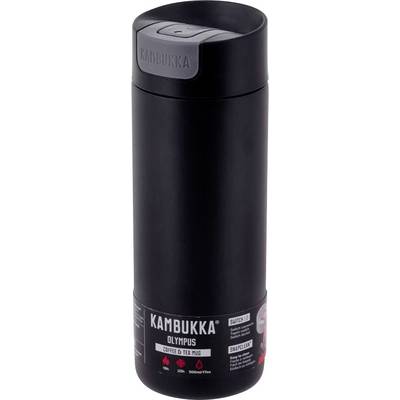 A black Kambukka Olympus thermos mug designed for coffee and tea, featuring a secure lid, and marked with branding and product details.