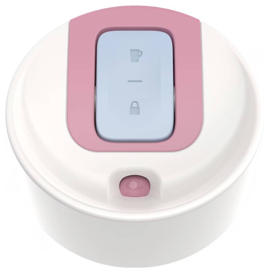 A cup lid with a pink and blue locking mechanism. The blue button shows icons for a beverage and a lock, indicating secure closure.