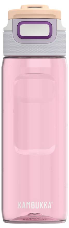 A pink water bottle with a grey and peach lid, featuring a purple button; 'Kambukka' brand name displayed at the bottom.