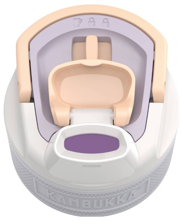 A purple and peach Kambukka lid, displaying icons for bottle compatibility. Features a snap cap design for easy access and secure closure.