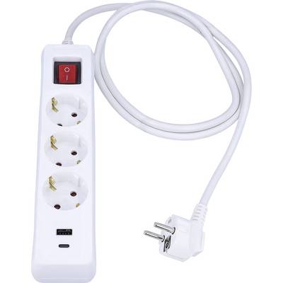 Power strip with three European outlets, USB port, red on/off switch, and attached cable with plug.