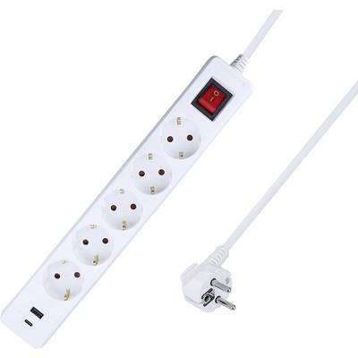 A white power strip with four outlets, a USB port, and a red on/off switch. A plug with a long cord is attached to the strip.