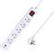 A white power strip with four outlets, a USB port, and a red on/off switch. A plug with a long cord is attached to the strip.