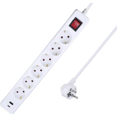 A white power strip with five outlets, a red switch, and a long cord with a European plug.