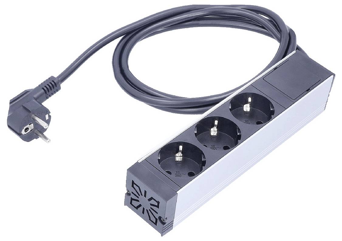 A three-socket power strip with a long black cable and plug, designed for European outlets, shown on a white background.