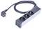 A three-socket power strip with a long black cable and plug, designed for European outlets, shown on a white background.