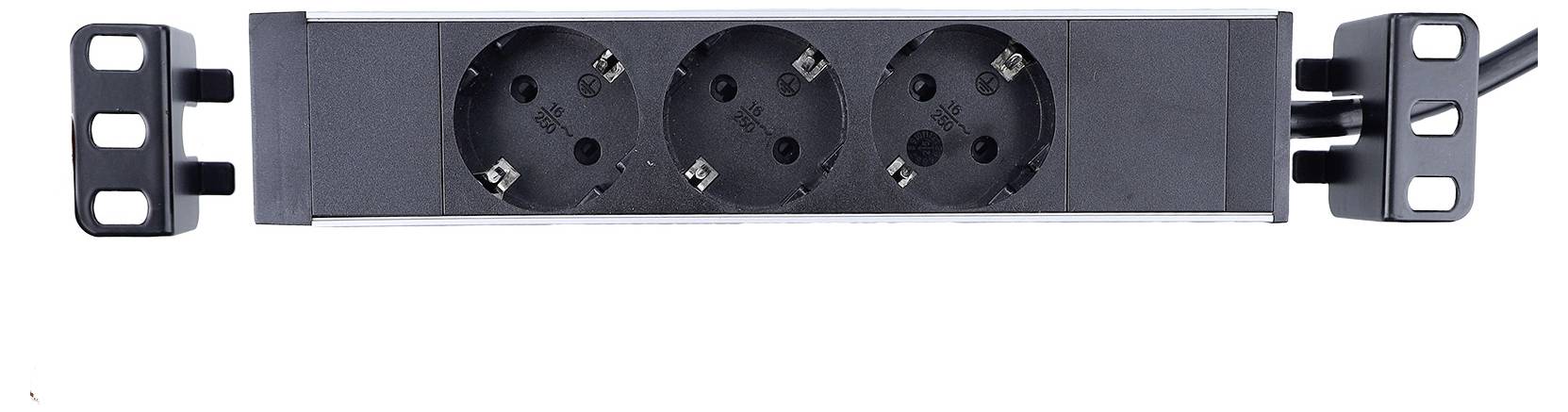 'Three black power sockets on a horizontal strip with a black frame and cable on the right side.'
