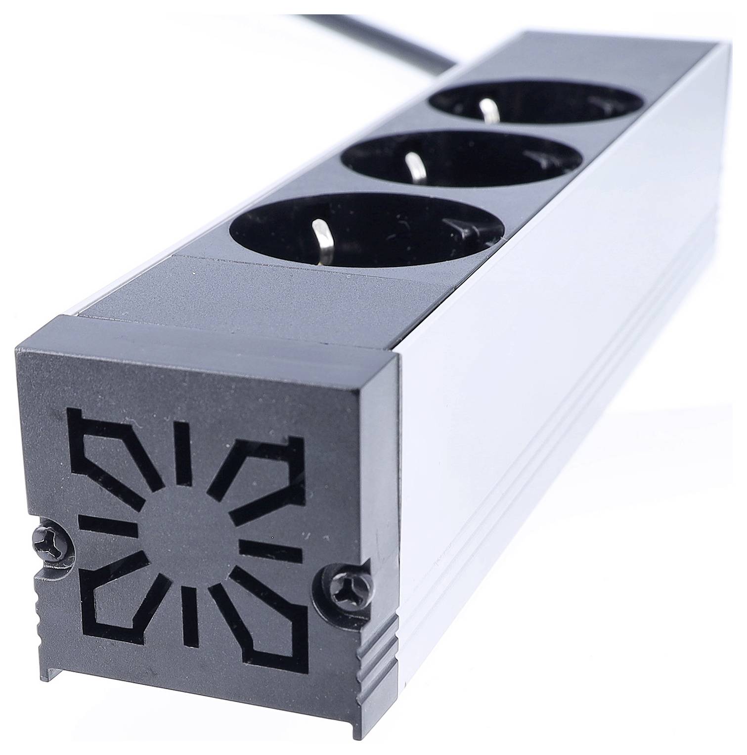 A black power strip with three European-type sockets, featuring a geometric design on its end cap.