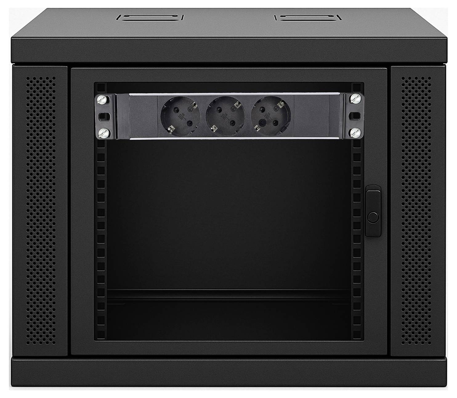 A black server rack cabinet with a transparent front door, displaying three European-style power sockets inside.