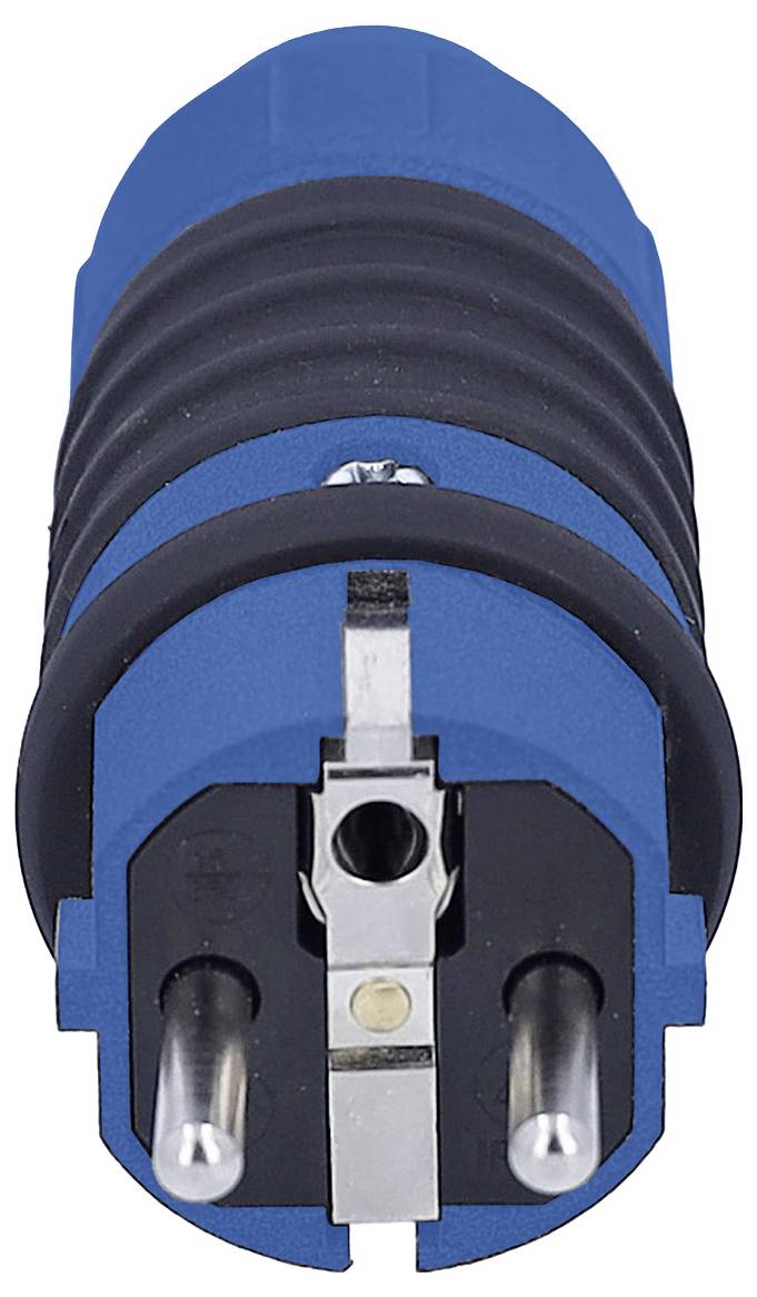 A blue and black European two-pin electrical plug, viewed from the front, showing prongs and a grounding clip on a white background.