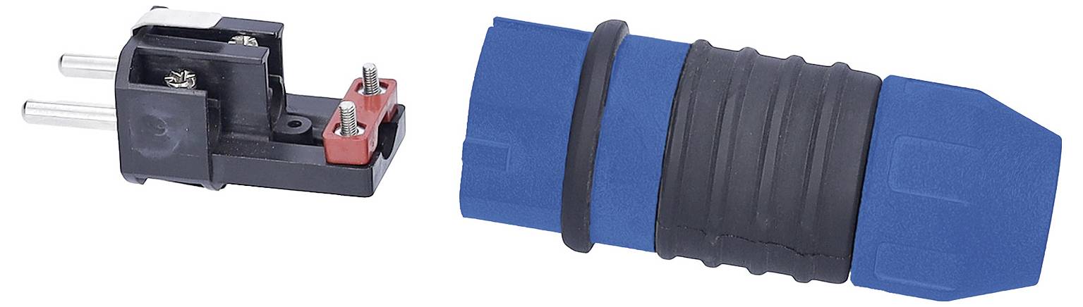 'A blue and black electrical connector with a two-pin plug.'