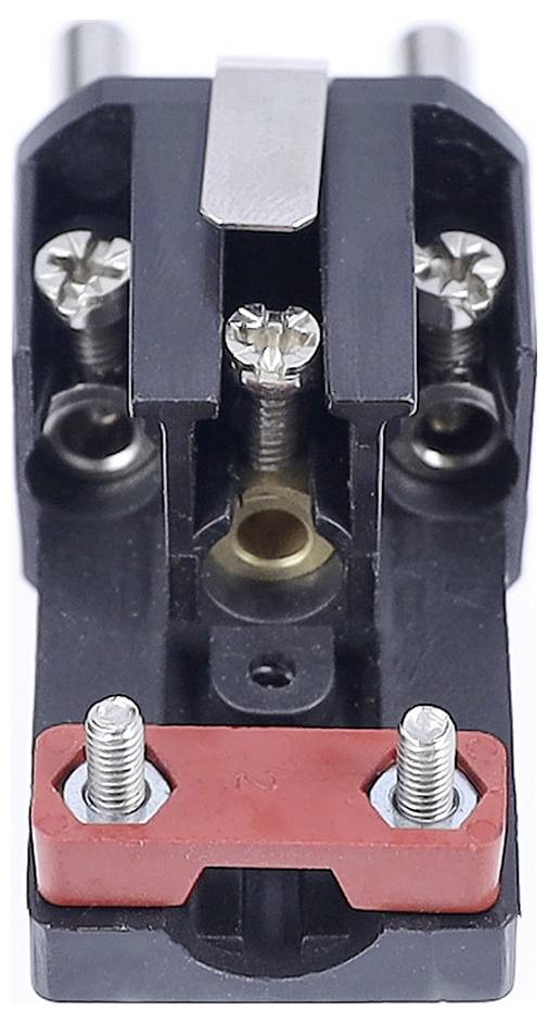 'Photo of a black plastic electrical plug base with metal screws and a red protective strip, used for securing electrical connections.'