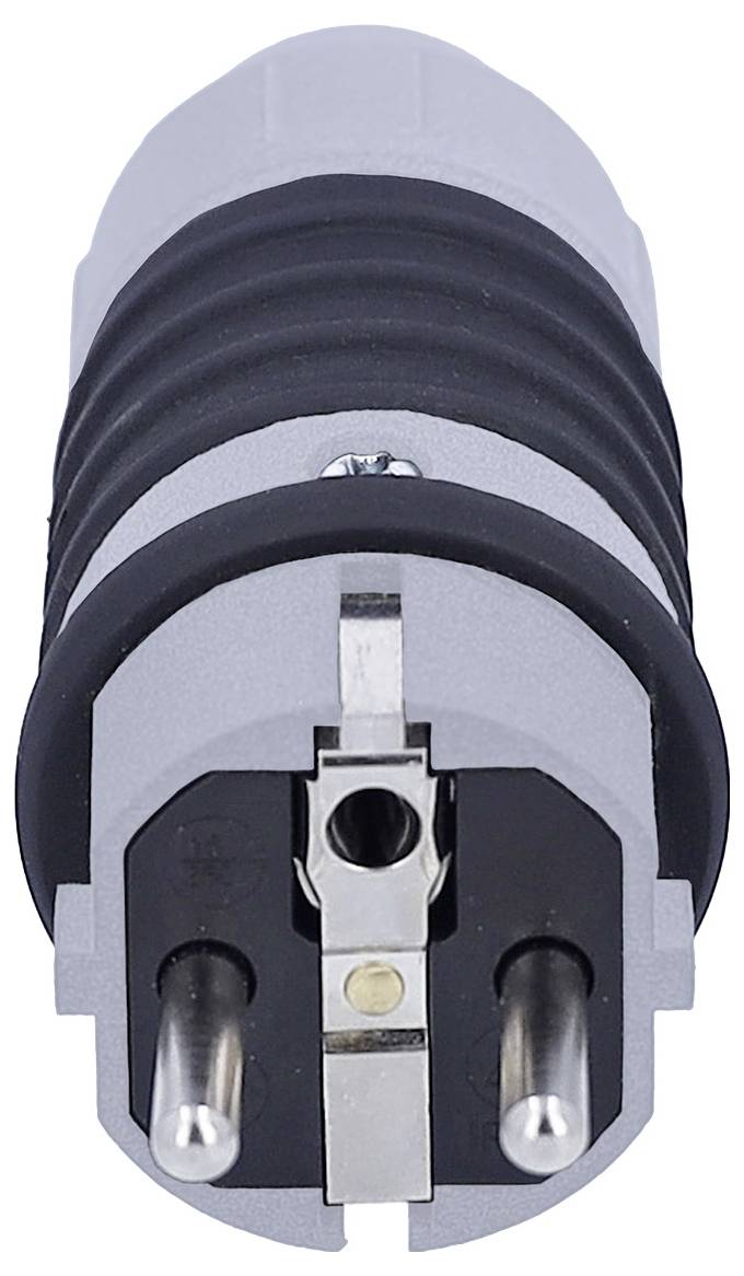A European electrical plug with two metal prongs and a grounding pin, featuring a black rubber grip and gray protective casing.