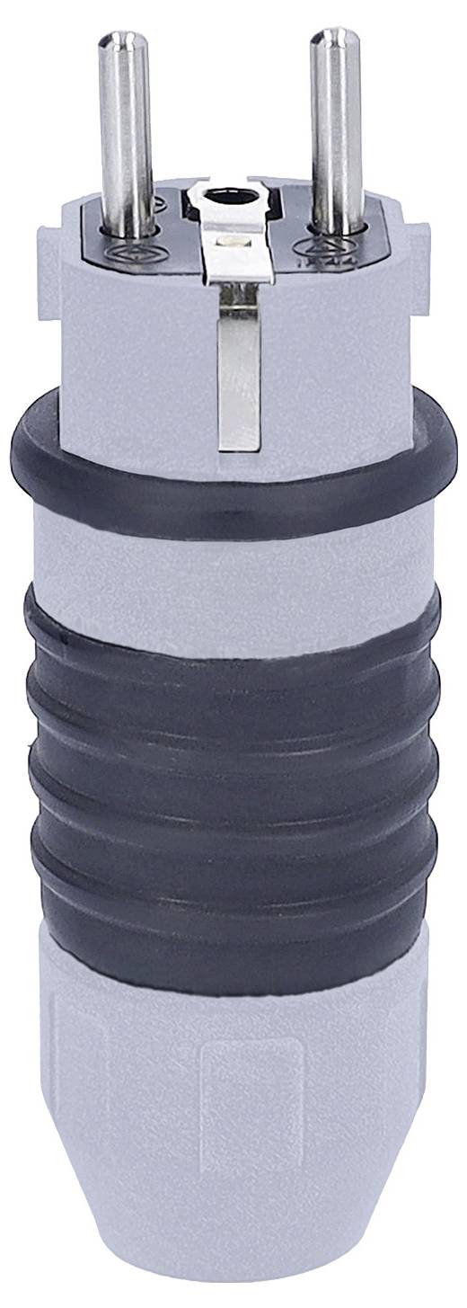 A gray cylindrical industrial plug with two metal prongs and a ribbed black grip, used for heavy-duty electrical connections.