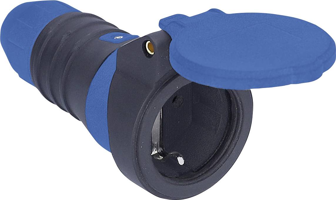 A blue and black industrial plug with an open cap showing the internal socket, used for heavy-duty electrical connections.