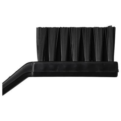 Black angled broom with stiff bristles on a white background.