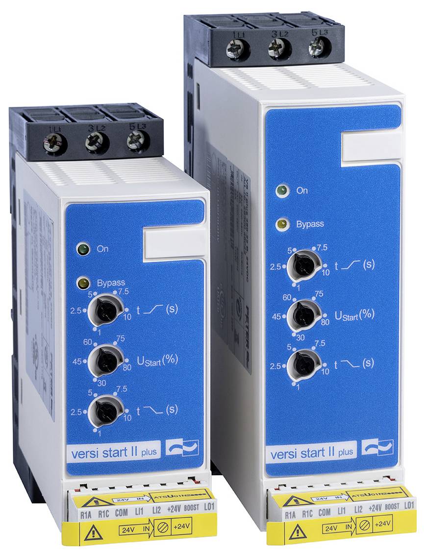 Two industrial control devices labeled 'versi start II plus' with dials for settings and indicators for 'On' and 'Bypass.'