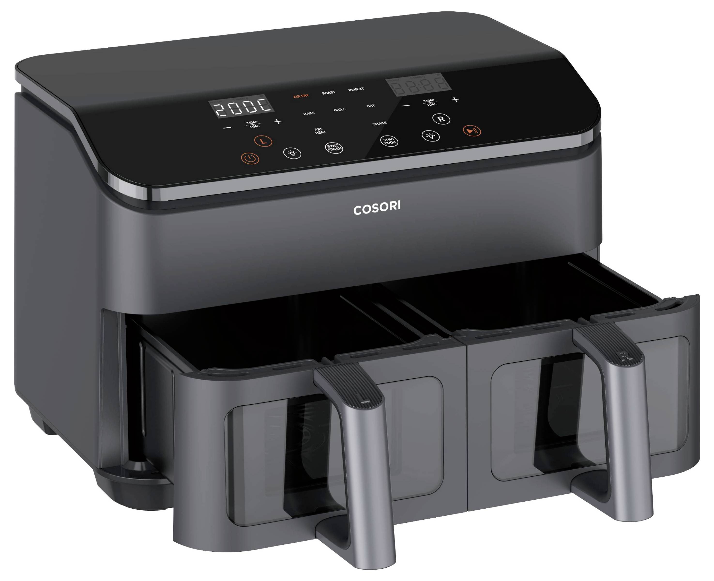 A black dual-basket air fryer with touch controls and digital display, showing 200°C. The brand name is visible on the front panel.