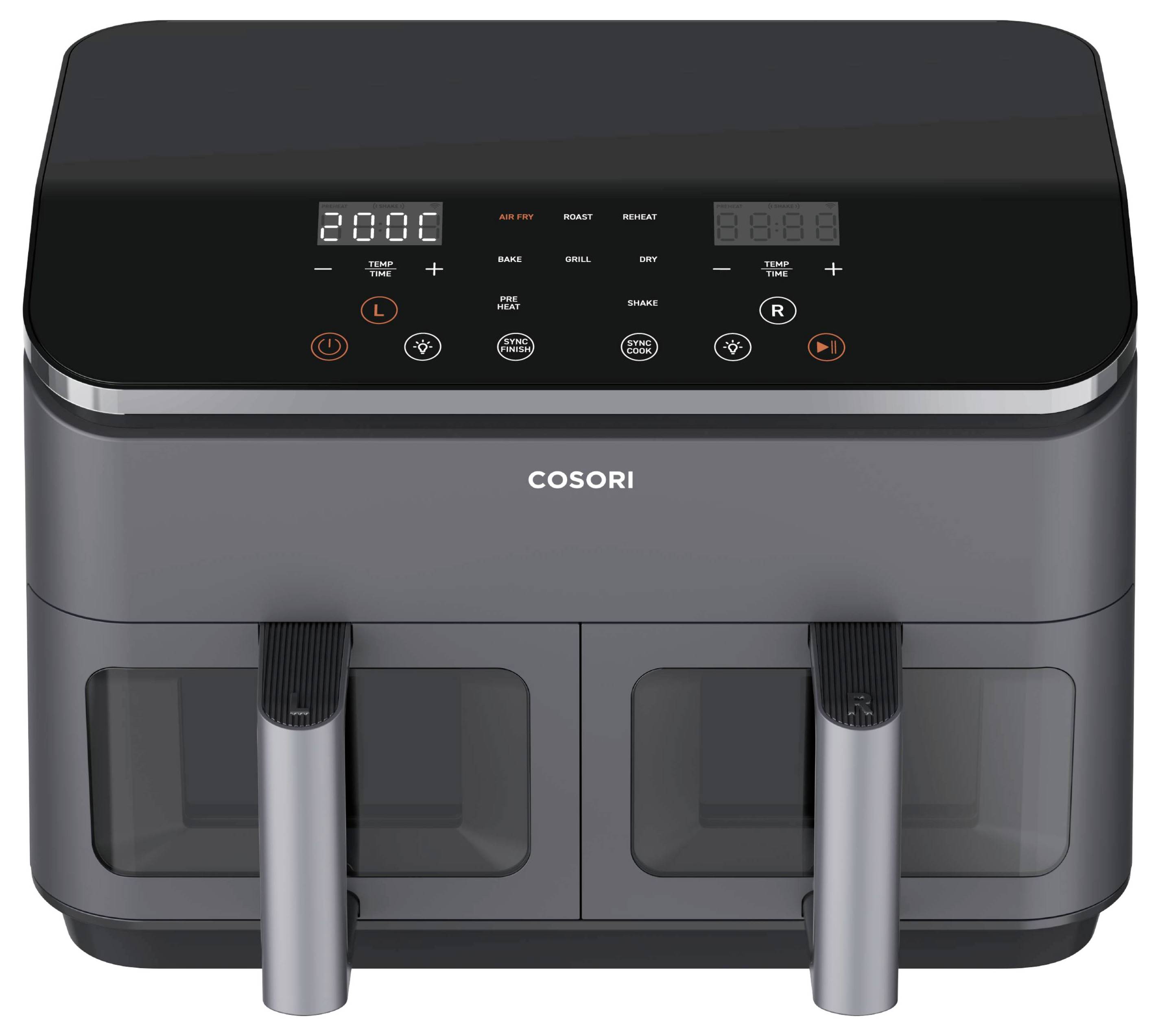 A black and silver kitchen appliance with dual drawers, digital display showing '200C', labeled buttons for different cooking modes, brand 'COSORI'.