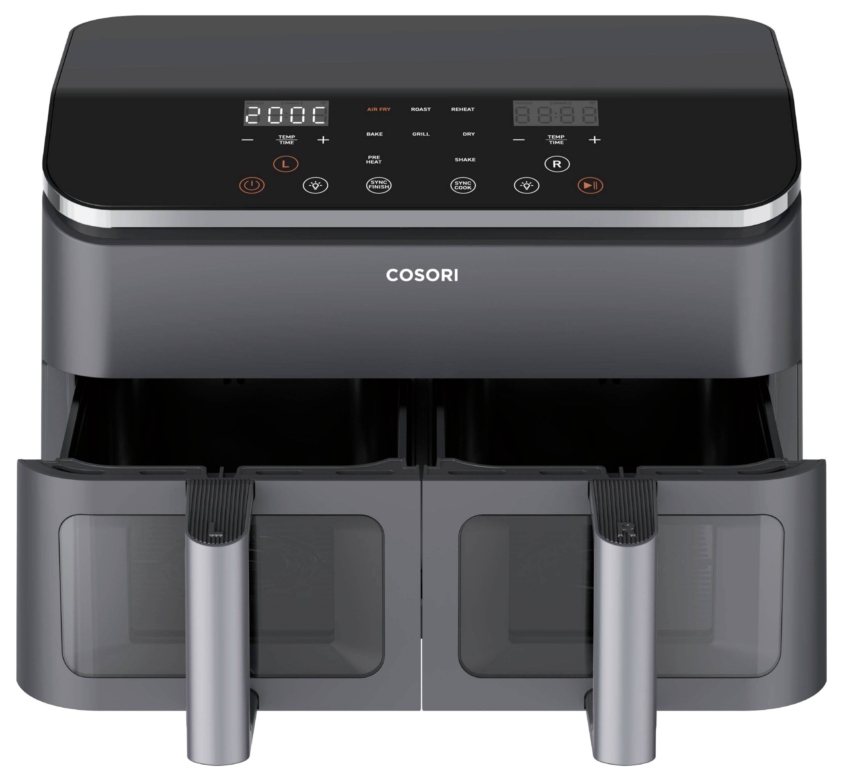 A dual-basket air fryer with digital controls displays '200°C' on the left. The baskets are open, and cooking presets are visible on the panel.