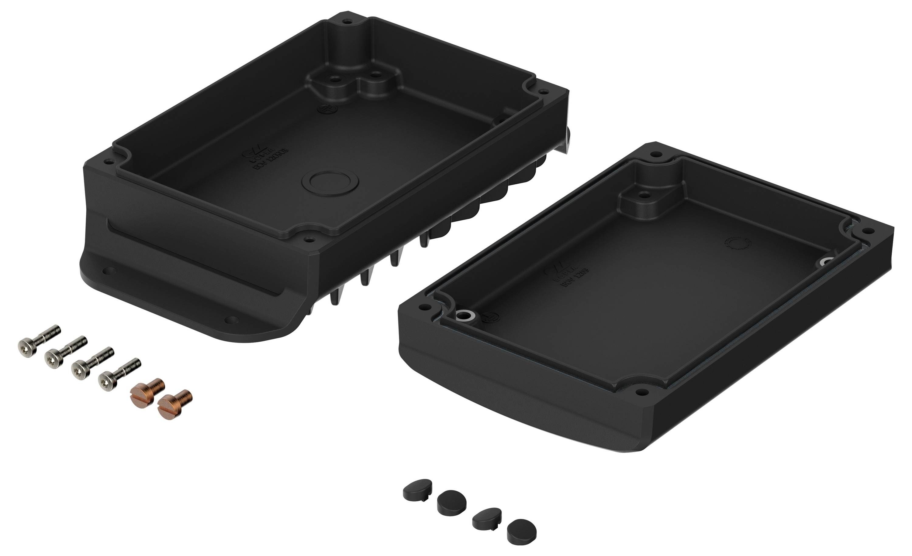 Black plastic enclosure with two parts, four screws, two clips, and four rubber feet detached, displaying its components for assembly.