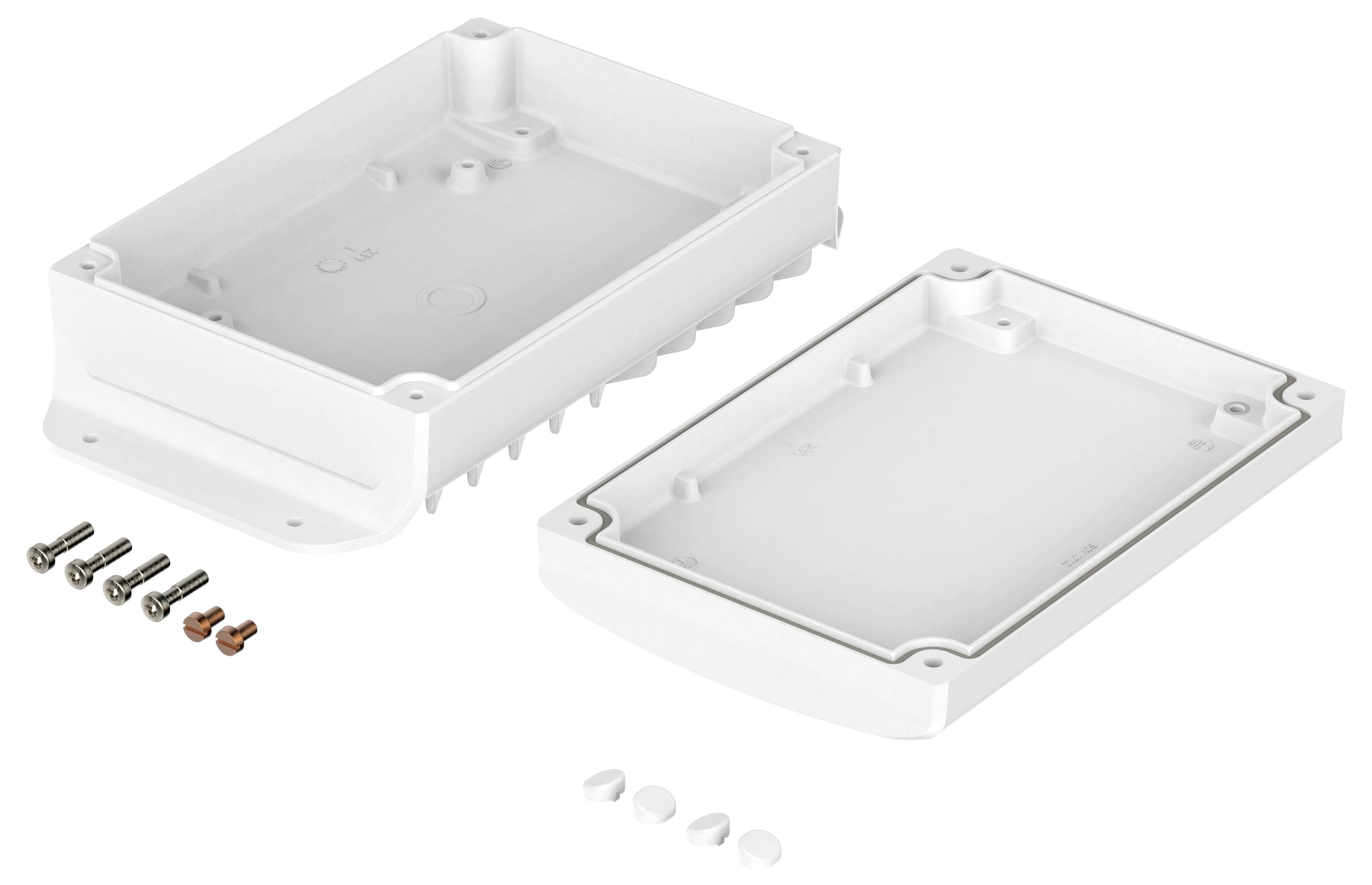 A white rectangular plastic enclosure with two halves open side by side, accompanied by screws and small circular caps for assembly.