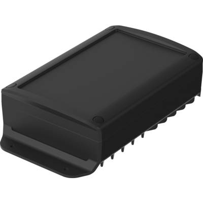 A black rectangular electronic device with a slightly curved top and four small screws at the corners, resting on a flat surface.