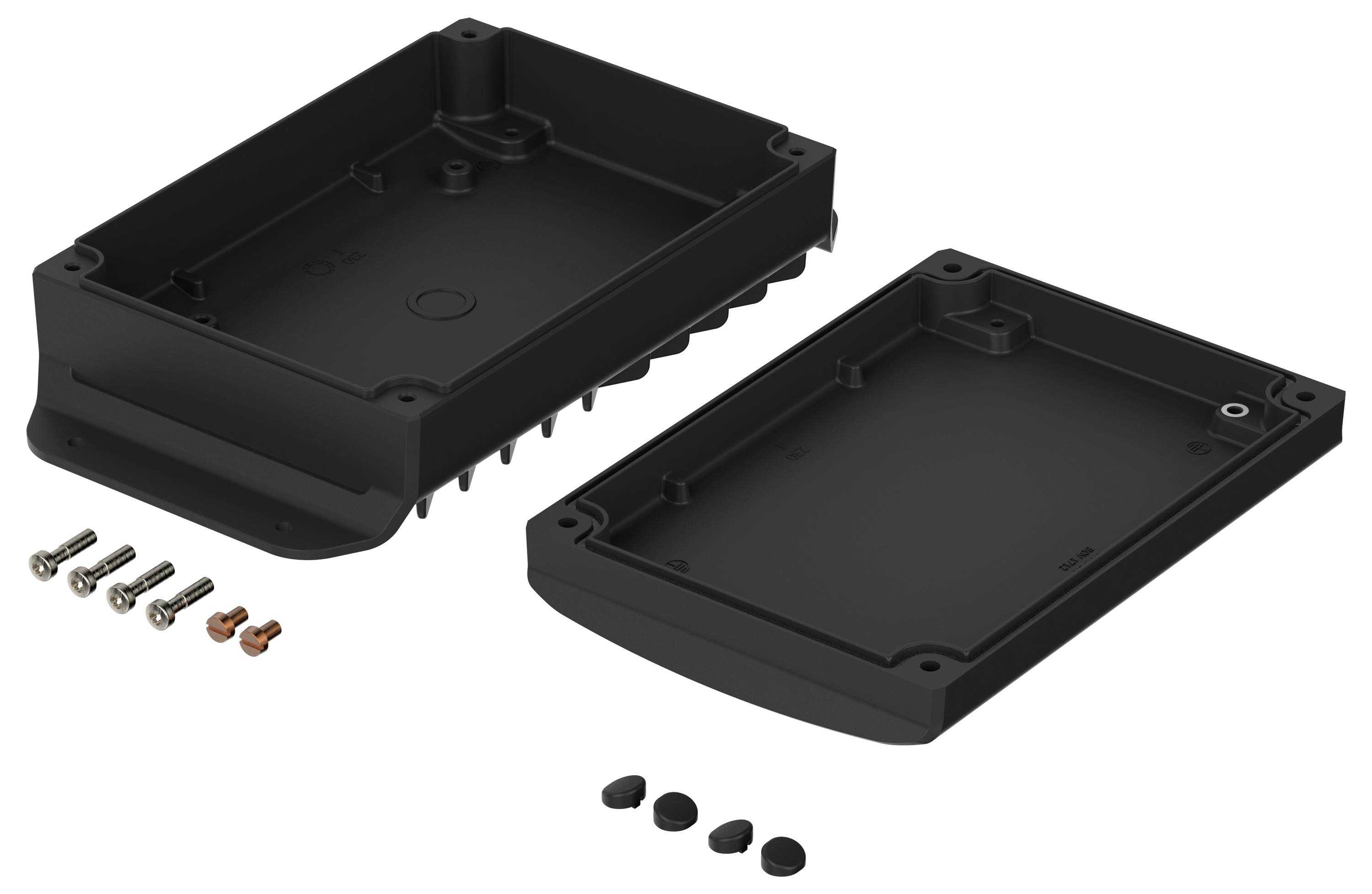 A two-part black plastic casing for electronic components, featuring screw holes and an open interior. Includes screws and rubber stoppers.