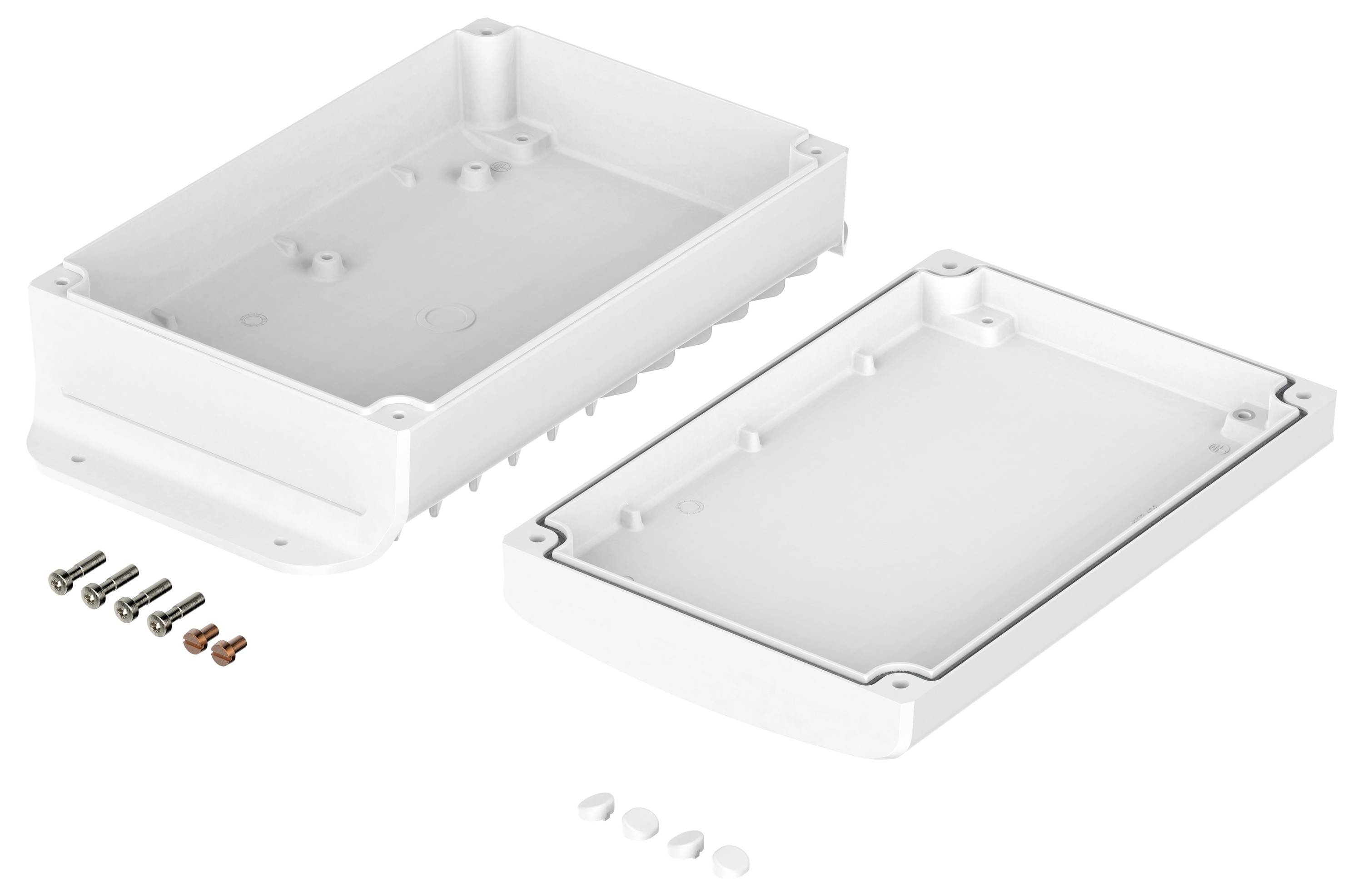 A rectangular plastic enclosure split into two parts with a gasket lining, accompanied by screws and rubber feet, used for electronic projects.