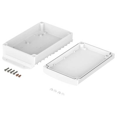 A rectangular plastic enclosure split into two parts with a gasket lining, accompanied by screws and rubber feet, used for electronic projects.