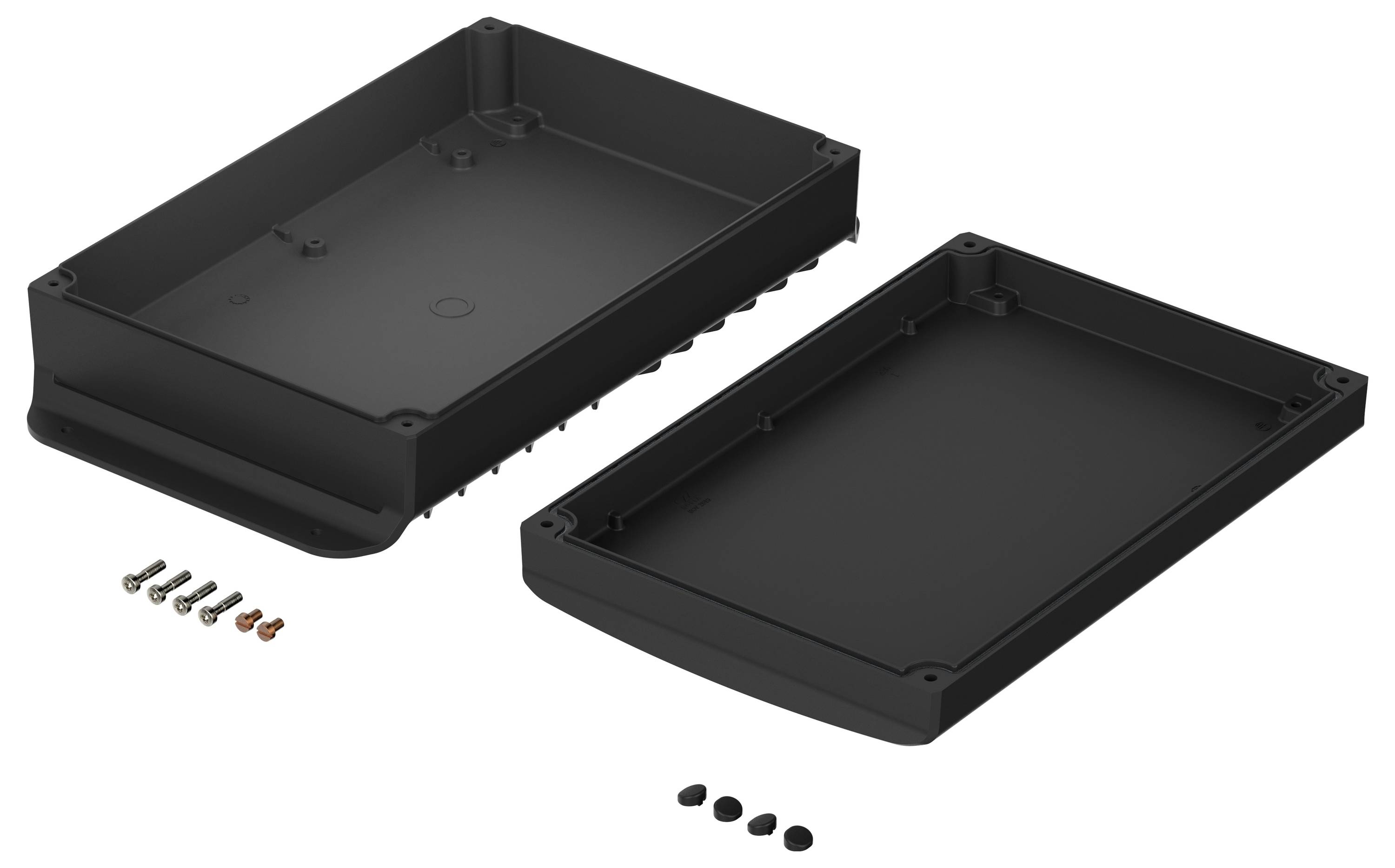 A black, two-part electronic enclosure with screws and rubber feet shown on the side, ready for assembly.
