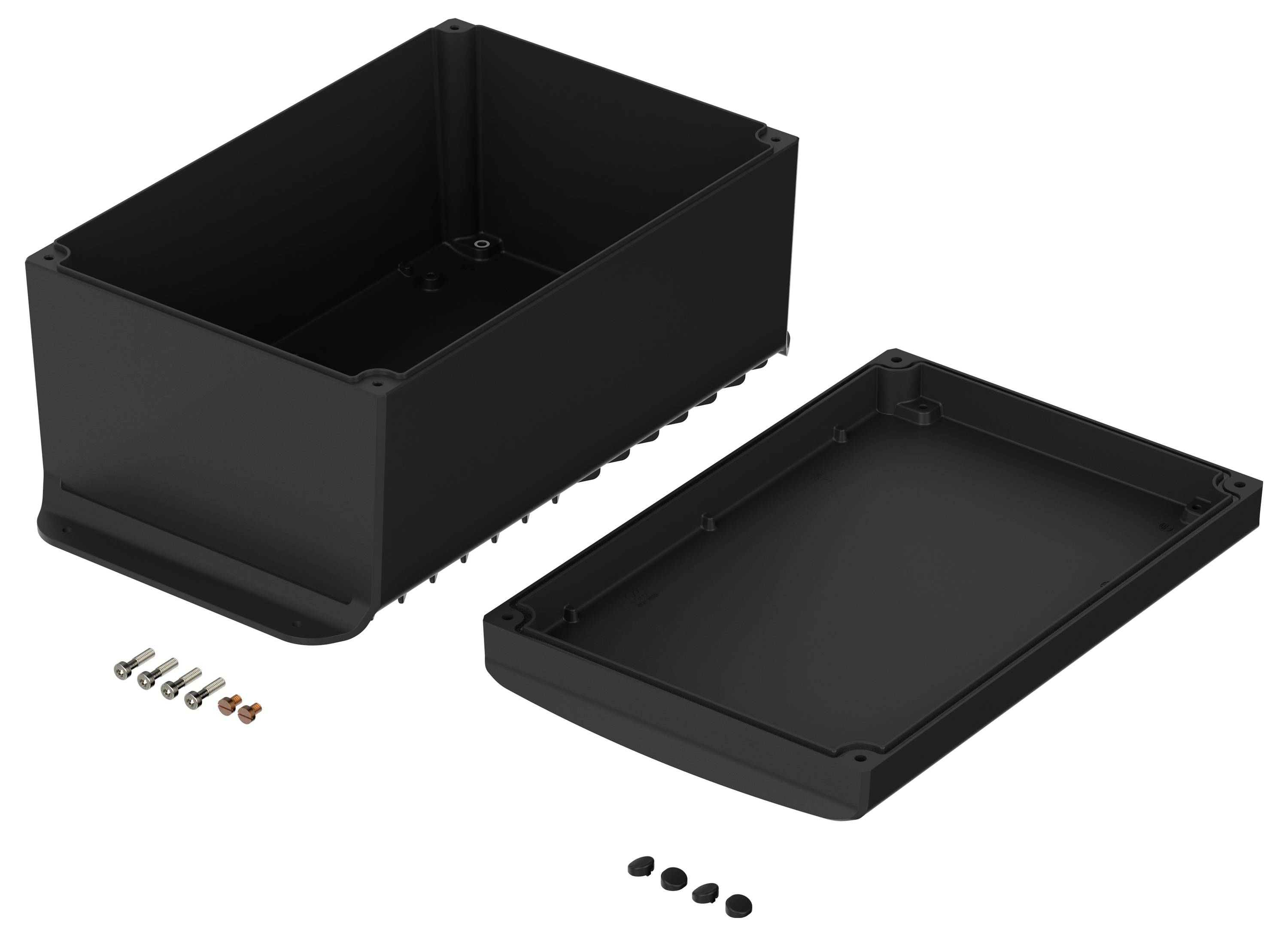 Rectangular black electronic enclosure box, shown open in two parts, with visible screws and rubber feet beside it, on a white background.