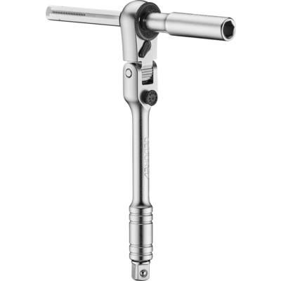 Chrome ratchet wrench with a T-handle and socket attached, shown on a white background.