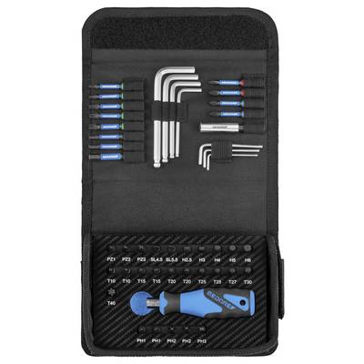 Black zippered tool case with GEDORE screwdriver and hex key set, including metric and Torx bits and handles, neatly organized in pockets.