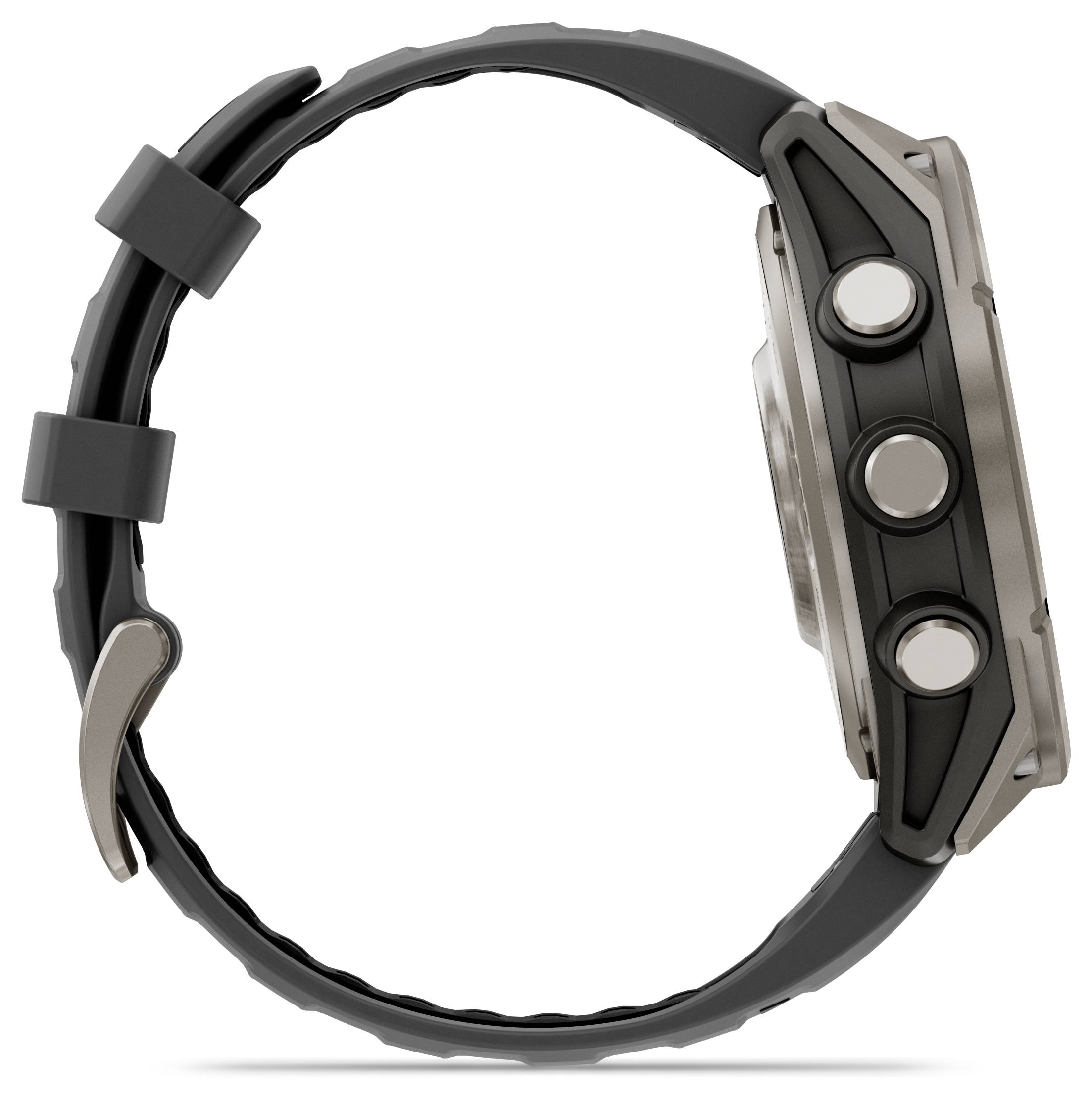 'Sleek black smartwatch with a textured strap and three side buttons, shown in profile view. Ideal for fitness tracking and notifications.'