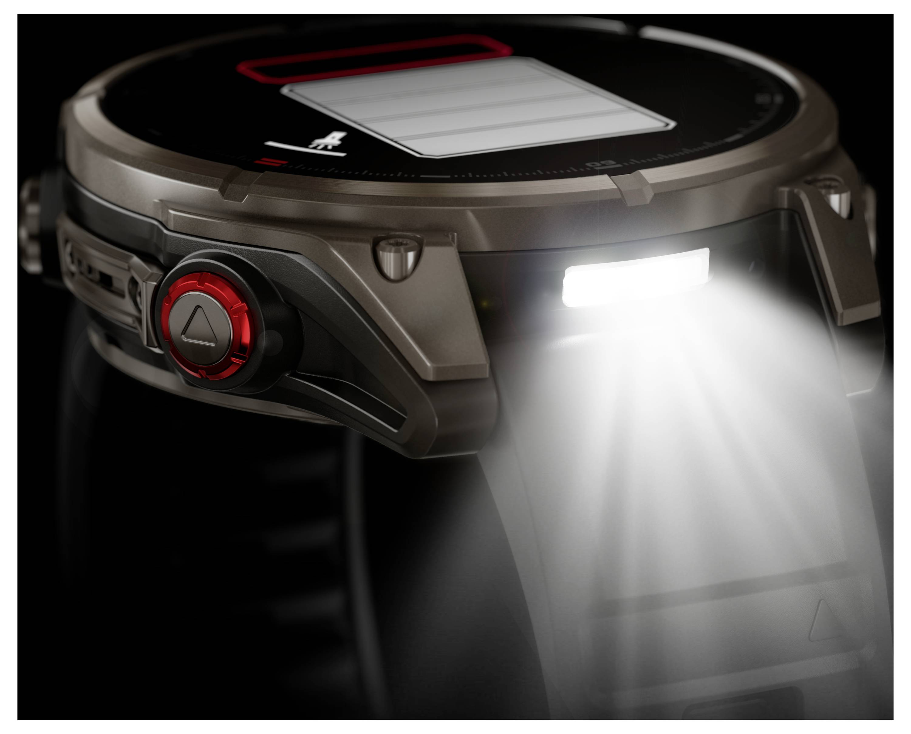 A smartwatch with a bright, illuminated flashlight feature activated, emphasizing its utility and functionality in low-light conditions.