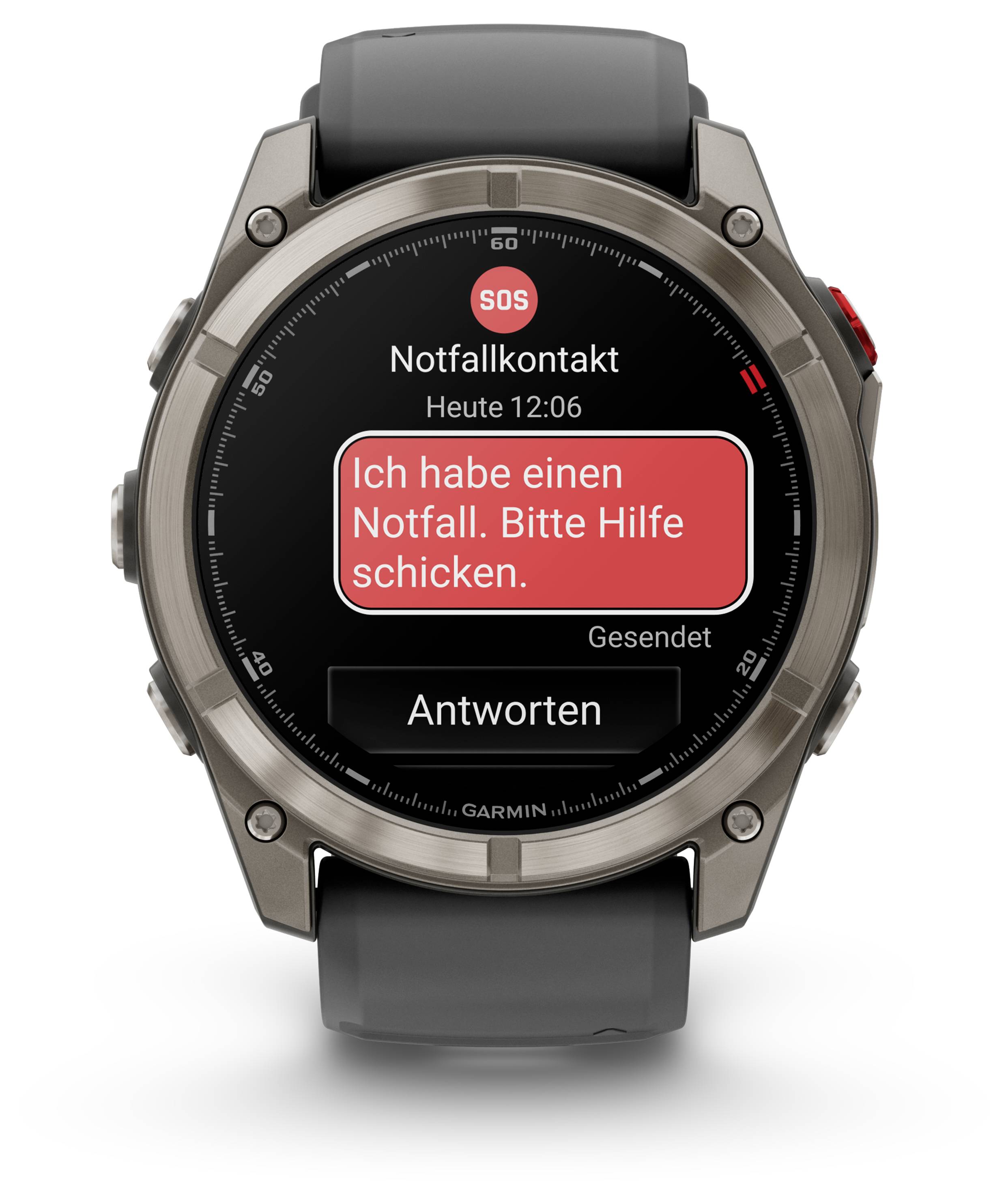 Smartwatch displaying an emergency alert. Red message: 'Notfallkontakt Ich habe einen Notfall. Bitte Hilfe schicken.' Button: 'Antworten'.