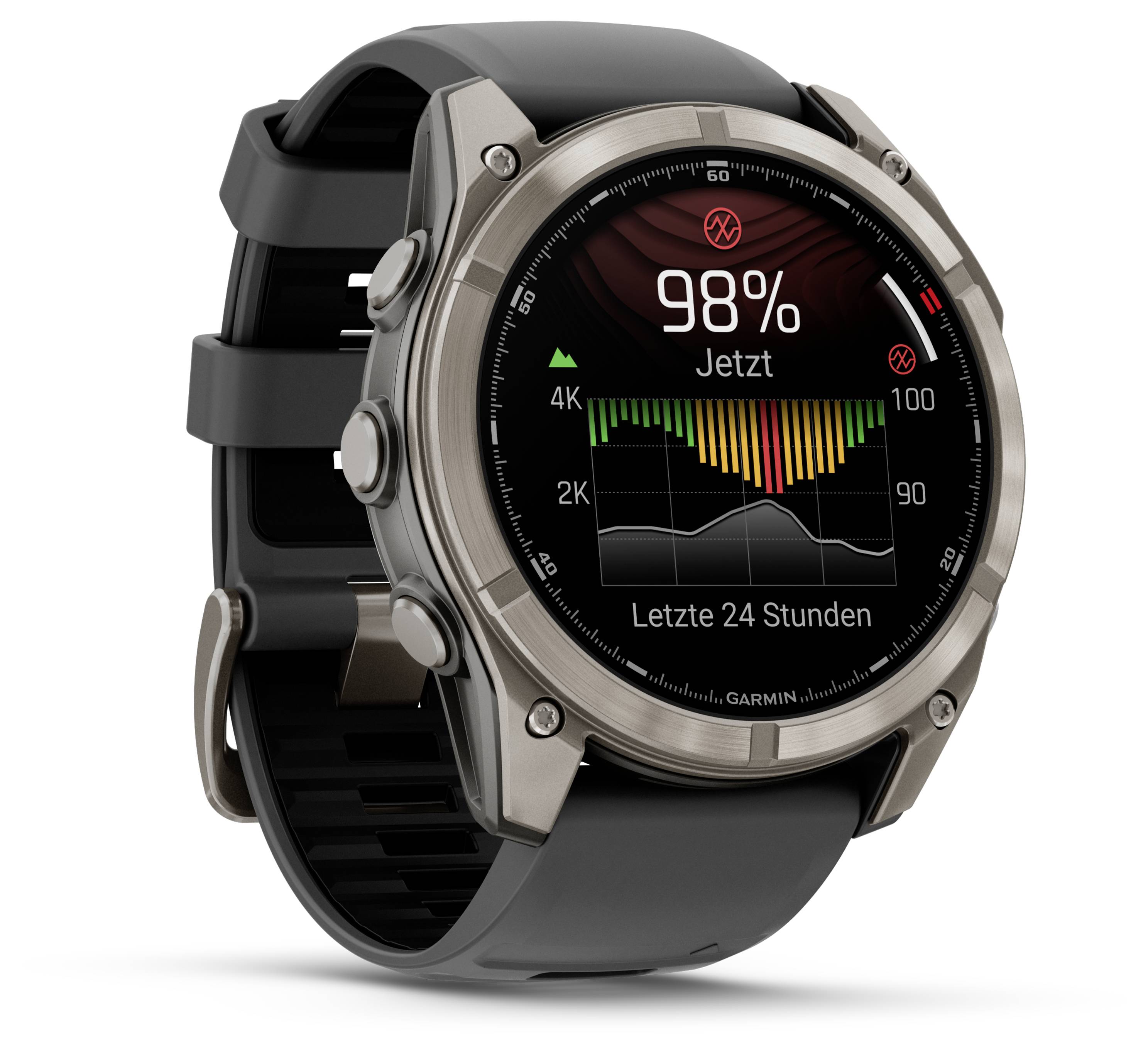Smartwatch displaying '98% Jetzt' on screen, with a colorful bar graph showing data over 'Letzte 24 Stunden'. Black band, silver case.