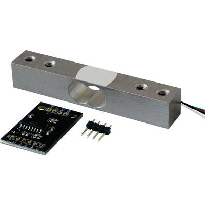 Metal load cell sensor with a central hole, circuit board module, and 4-pin connector on a white background