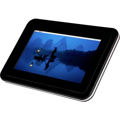 A tablet displays a blue dusk photo of a person fishing from a small boat on a calm lake with reflected silhouettes.