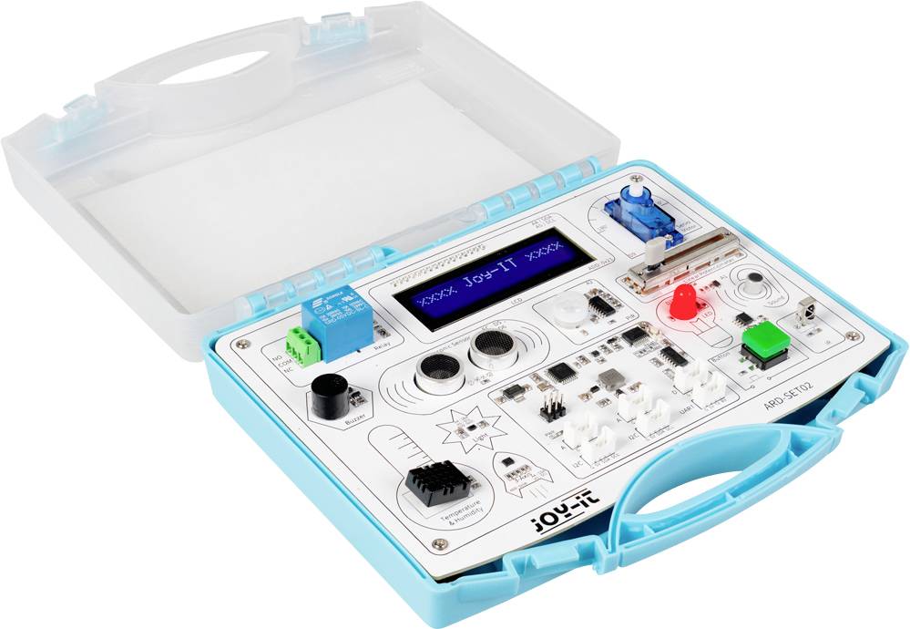 A blue and white electronic kit box with various components, switches, and a small digital display, designed for educational electronics projects.