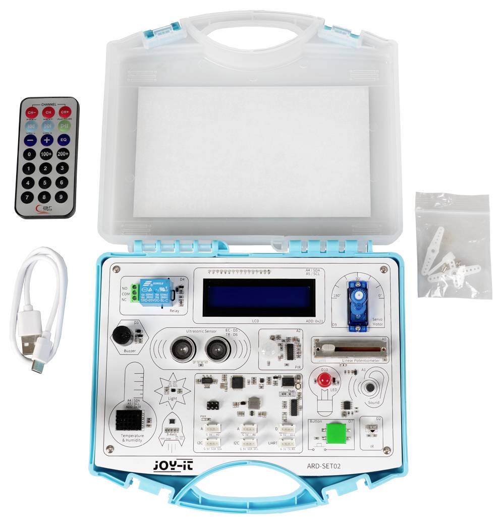 'Educational electronics kit with various components, remote control, USB cable, and instructions, enclosed in a portable case.'