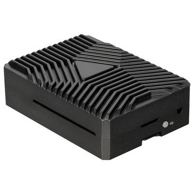 Black compact mini PC with finned cooling top, front USB-C and two small ports, and side Ethernet plus four USB-A ports.