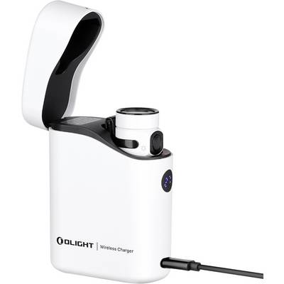 Olight wireless charger with flashlight docked inside, open lid, charging indicator lit, and USB cable connected.