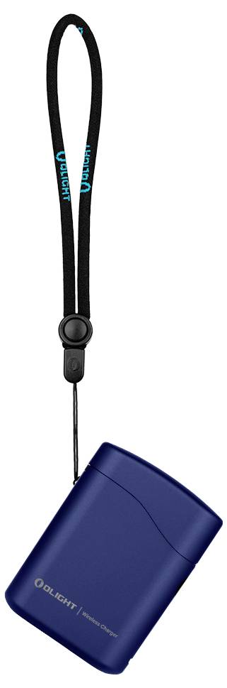 A compact blue device with 'OLIGHT' branding, featuring a black strap for easy carrying.