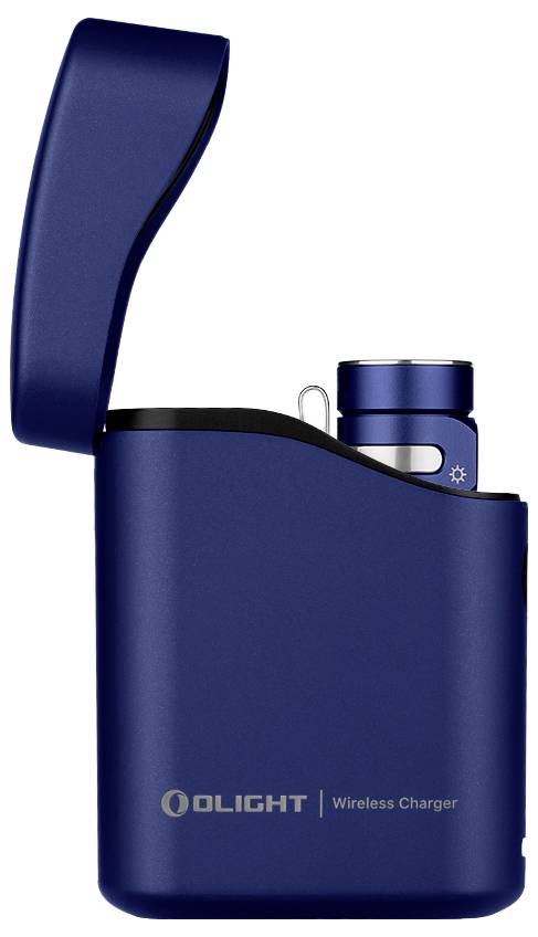 A blue Olight wireless charger with an open lid, showing a flashlight docked inside. The charger features a sleek, modern design.